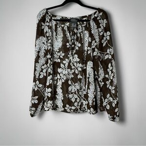 George Sheer Floral Blouse Brown Cream Oversized Long Sleeve Size L